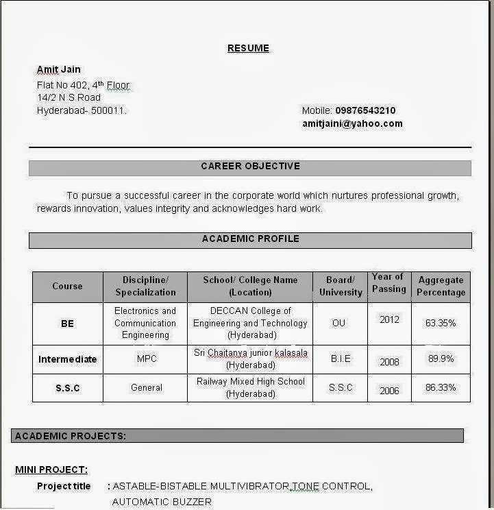 Resume format for freshers objective